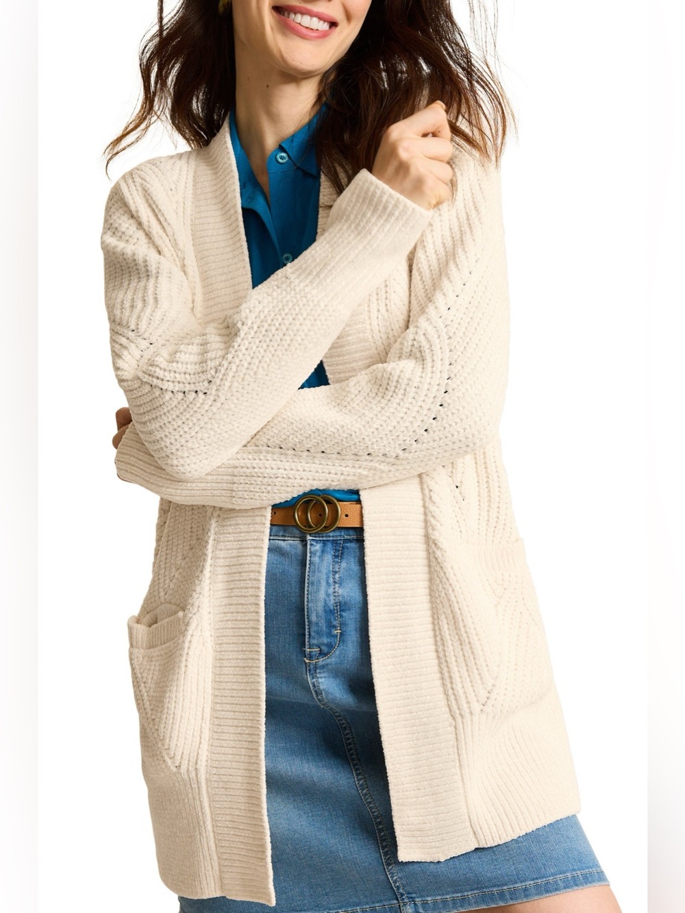 Tommy Bahama NWT Island Luna Chenille Shell Stitch Cardigan Sweater Cream